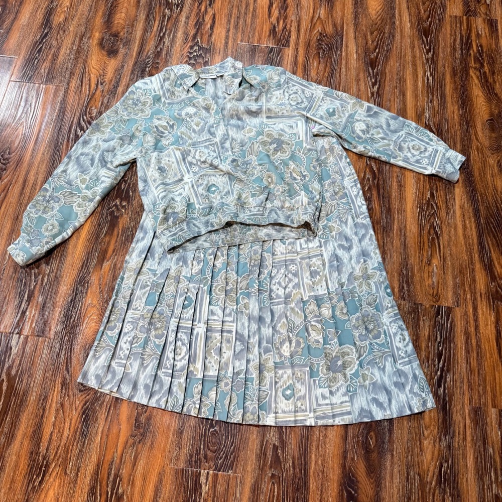 Alfred Dunner Vintage Floral Pleated 2 Piece Skirt Set Blue Green Womens 16W